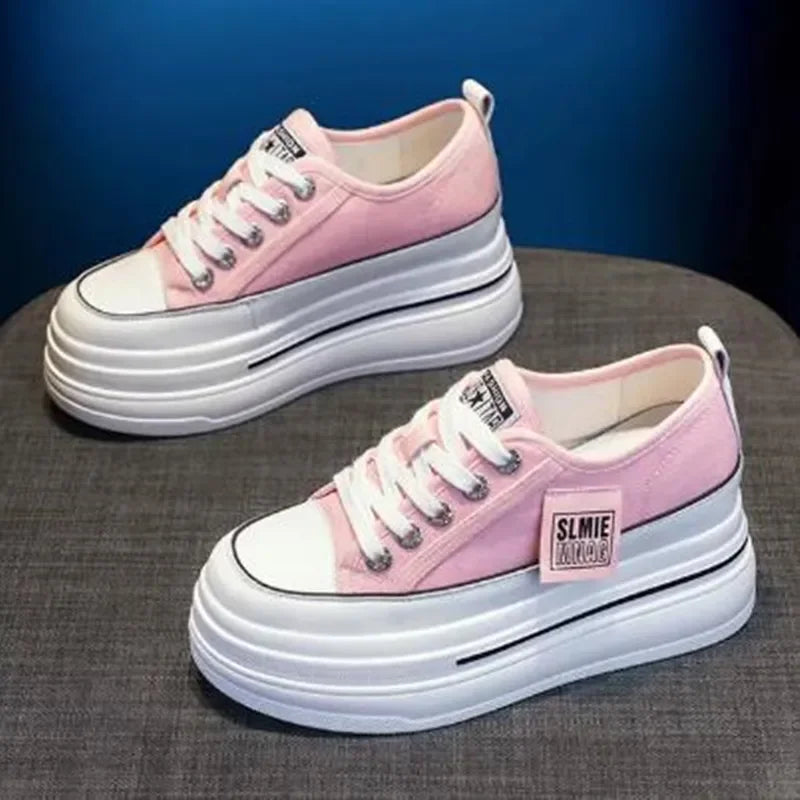 Vulcanized Platform Sneakers Wedge Shoes Non-slip Casual Shoes Women 2025 Autumn Lace-up Comfort Denim Canvas Shoes Thick Sole