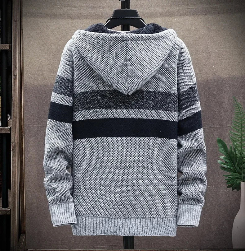 Striped Mens Sweater Coat Thick Fleece Warm Zipper Wool Hooded Cardigan Jumpers Men Long Sleeve Knitted Sweaters Suit Jackets