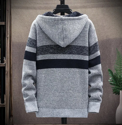 Striped Mens Sweater Coat Thick Fleece Warm Zipper Wool Hooded Cardigan Jumpers Men Long Sleeve Knitted Sweaters Suit Jackets