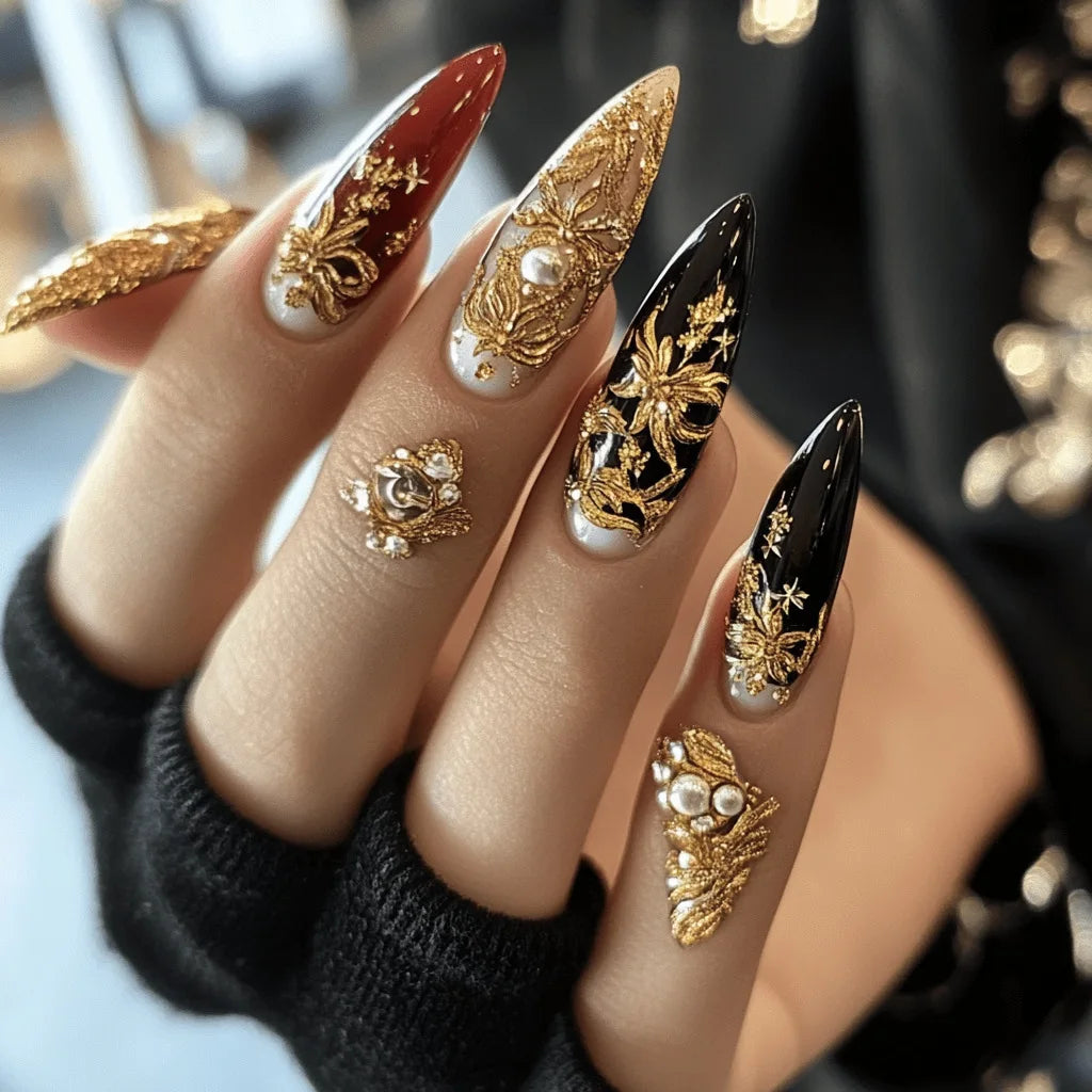 24Pcs Long Almond Nails Set Press on Black Red Gilding Fake Nails Golden Print Detachable Artificial Full Cover False Nails Tips
