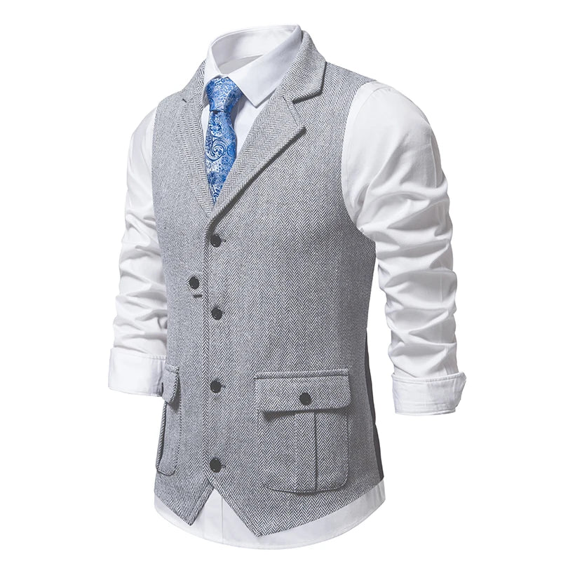 New Men's Retro Lapel Vest Herringbone Coarse Tweed Pockets Suit Vest British Casual Vintage Gentleman Leisure Party Bar Banquet