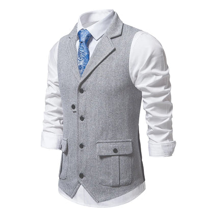 New Men's Retro Lapel Vest Herringbone Coarse Tweed Pockets Suit Vest British Casual Vintage Gentleman Leisure Party Bar Banquet
