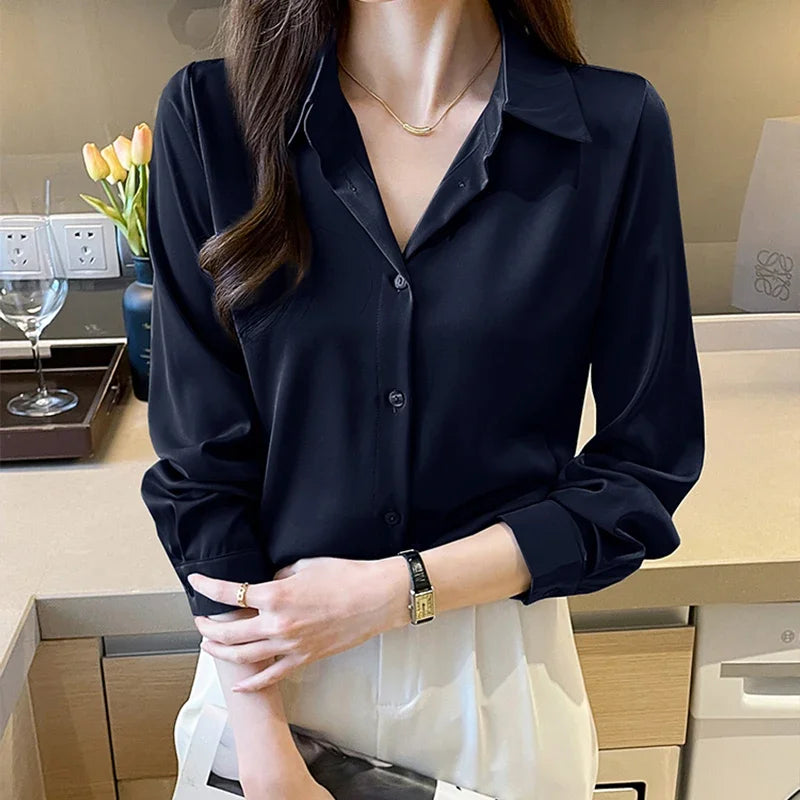 Fashion elegant satin shirts solid color ladies shirts causal Women's Blouses Spring Long Sleeve Shirts Tops Blusas Mujer