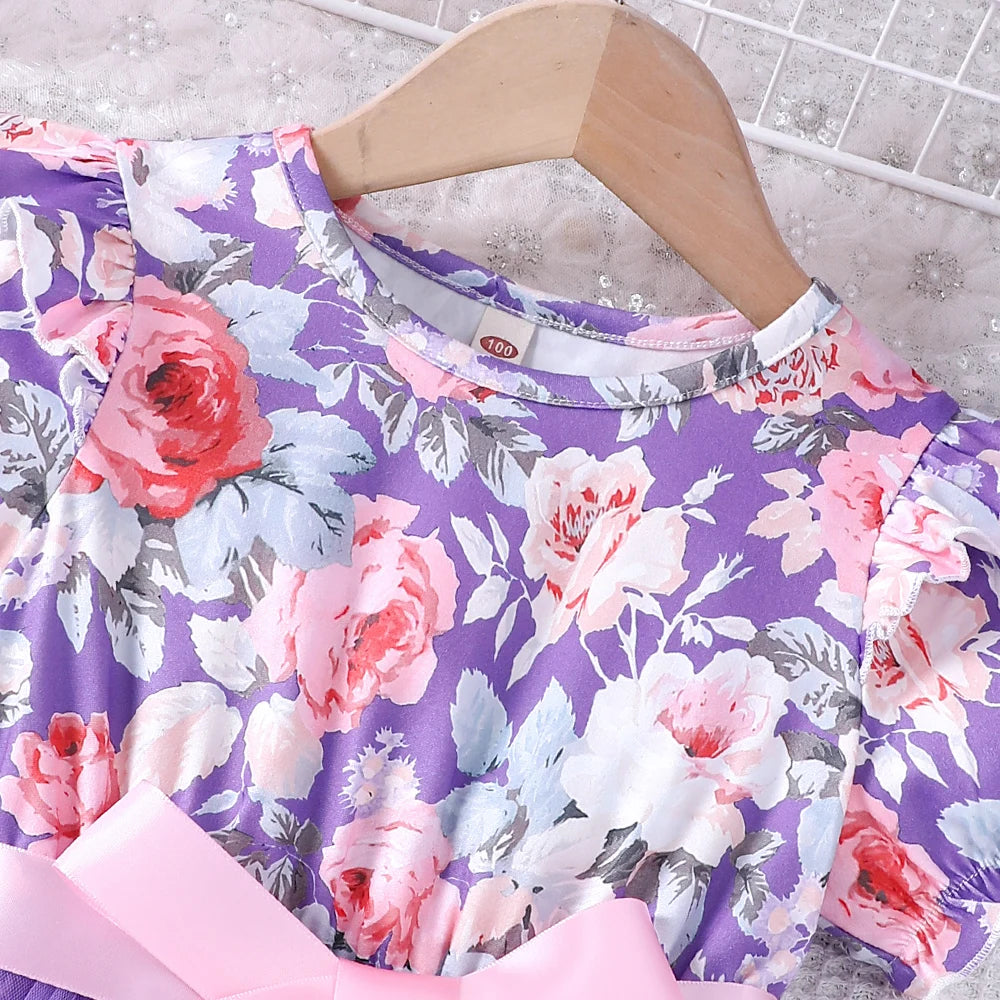New girls' summer style bubble sleeve flower printed mesh dress