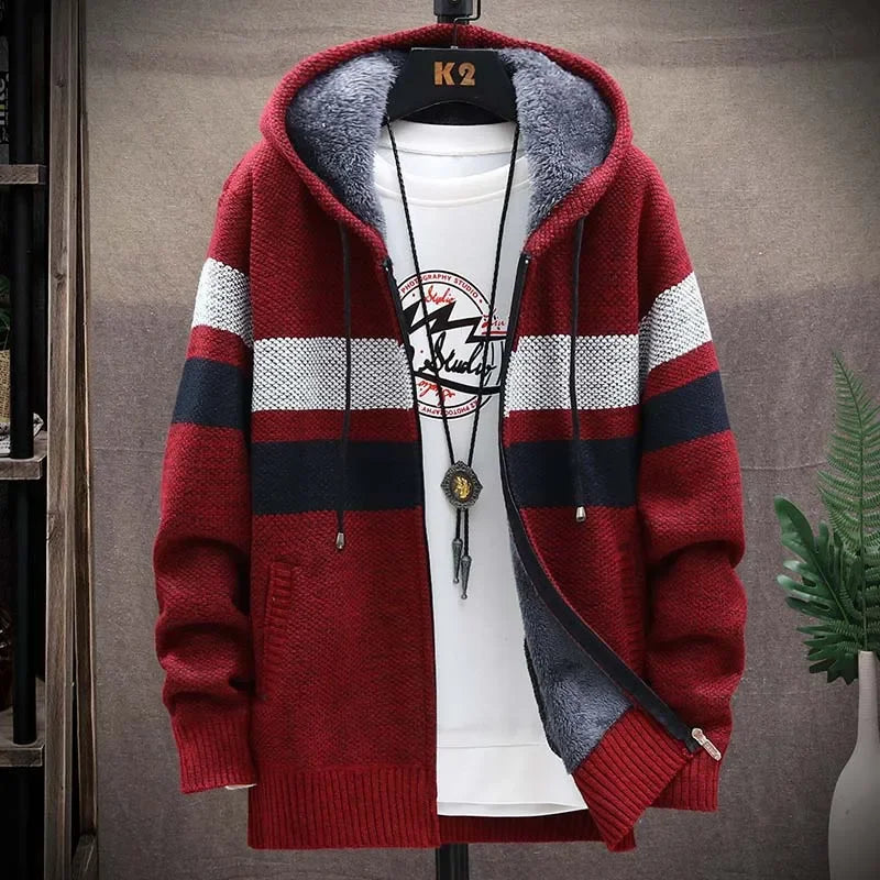 Striped Mens Sweater Coat Thick Fleece Warm Zipper Wool Hooded Cardigan Jumpers Men Long Sleeve Knitted Sweaters Suit Jackets