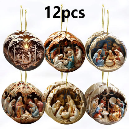 Christmas Nativity Ornament Christmas 2D Wooden Nativity Scene Pendant Christmas Tree Decor 2025 Xmas Navidad Party Supplies