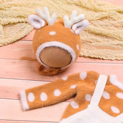Ylsteed Newborn Baby Outfit for Photo Shooting Knitted Infant Suspender Pants Tops Antler Hat Baby Photography Props
