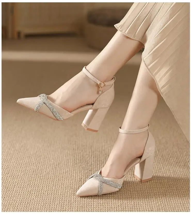 Size 30-44 Chunky Heel Hollow Point Toe High Heels Women Shoes Solid Color Ankle Strap Rhinestone Black Heels