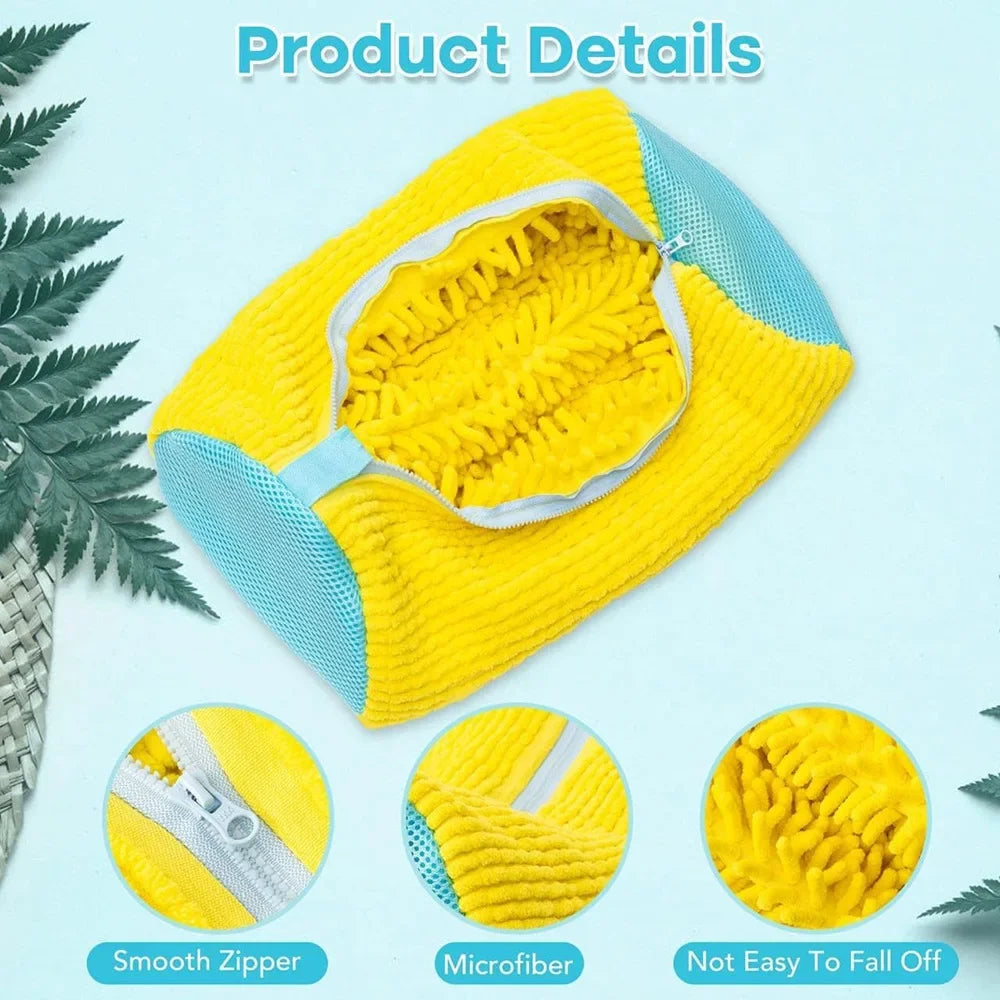 Fluffy Fiber Shoe Washing Bag 360° Surround Cleaning Reusable Durable Machine-Washable Laundry Bag with Zipper Closure (1pc)