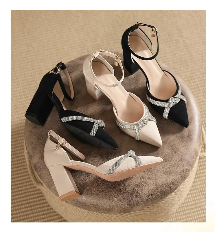 Size 30-44 Chunky Heel Hollow Point Toe High Heels Women Shoes Solid Color Ankle Strap Rhinestone Black Heels