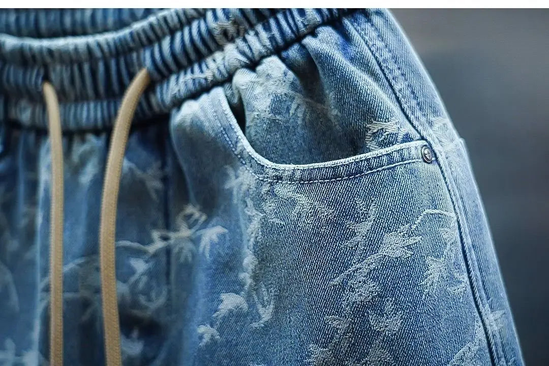 Trendy Men's Spring and Summer New Jeans Light Blue Heavy Industry Jacquard Leggings Thin Designer Luxury Elastic Waist Pants