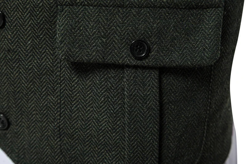 New Men's Retro Lapel Vest Herringbone Coarse Tweed Pockets Suit Vest British Casual Vintage Gentleman Leisure Party Bar Banquet