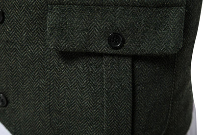 New Men's Retro Lapel Vest Herringbone Coarse Tweed Pockets Suit Vest British Casual Vintage Gentleman Leisure Party Bar Banquet
