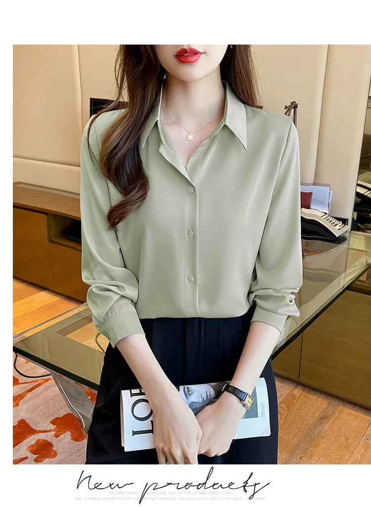 Fashion elegant satin shirts solid color ladies shirts causal Women's Blouses Spring Long Sleeve Shirts Tops Blusas Mujer