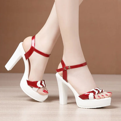 High quality summer leather sandals for women 8cm 10cm high heel 2024 size 32 33 43 platform open toe elegant shoe black white