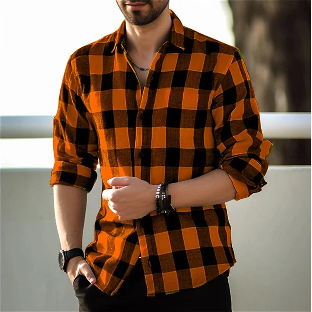 Men's long-sleeved shirt printed shirt plaid casual comfortable handsome commuter large size men's clothing XS-6XL