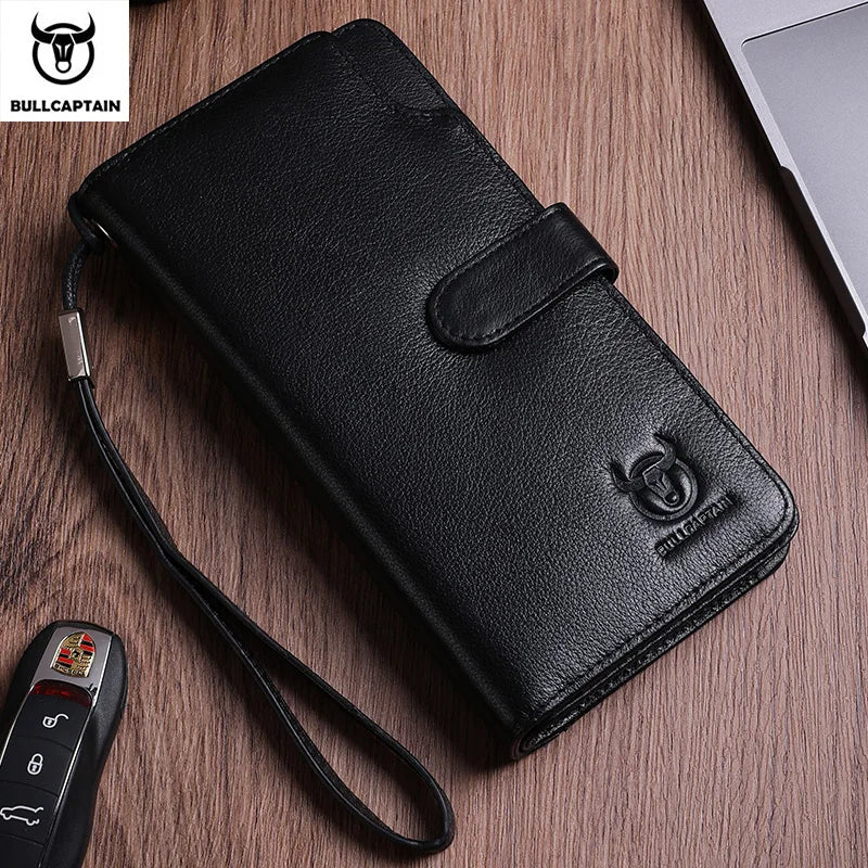 BULLCAPTAIN Men Long Wallet Clutch Bag Credit Card Holder Purses Carteras Billetera Hombre Leather Money Portfe Carte