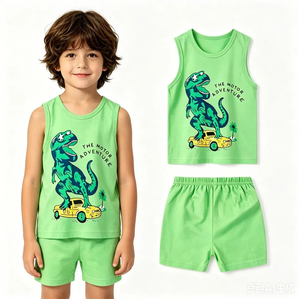 Summer Boys Clothing Sets Children's Sleeveless Cotton Clothes Kids Vest+Shorts 2pcs Boys Outfits Sportwear Cartoon Baby Sets