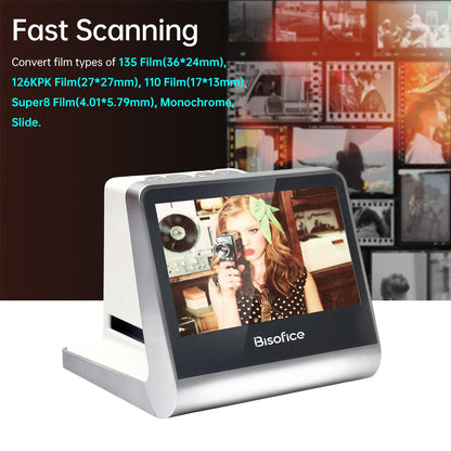 Bisofice Film and Slide Scanner 5'' LCD Screen for 135 Film/126KPK /110 Film/Super8/ Monochrome/Slide to Digital JPEG Photos
