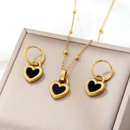 ASONSTEEL Black Shell Heart Necklace Earrings Jewelry Sets Stainless Steel Fashion Exquisite Waterproof Women Anniversary Gift