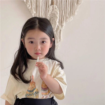 Summer Toddler Baby Girl Solid Cotton Clothes Short Sleeve Cartoon Rabbit Printed T-shirts Kids Leisure Ins Tops Tees
