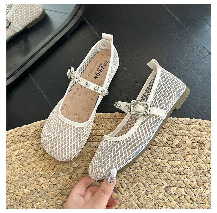 Mesh Breathable Flat Mary Jane Shoes Women Fashion Square Toe Soft Bottom Sandals Comfort Buckle Designer Ballet Shoe for Ladies