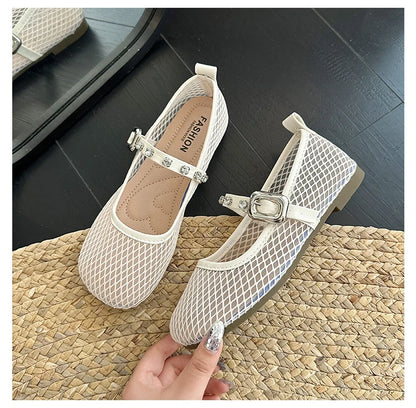 Mesh Breathable Flat Mary Jane Shoes Women Fashion Square Toe Soft Bottom Sandals Comfort Buckle Designer Ballet Shoe for Ladies