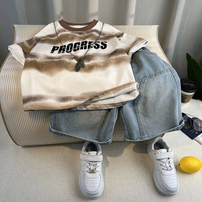 Hot Sale Fashion Baby Boy Suit Summer Clothes Short Sleeve T-shirt Short Jeans 2 Piece Set Kids Outfit 2-11Y Children's Costume