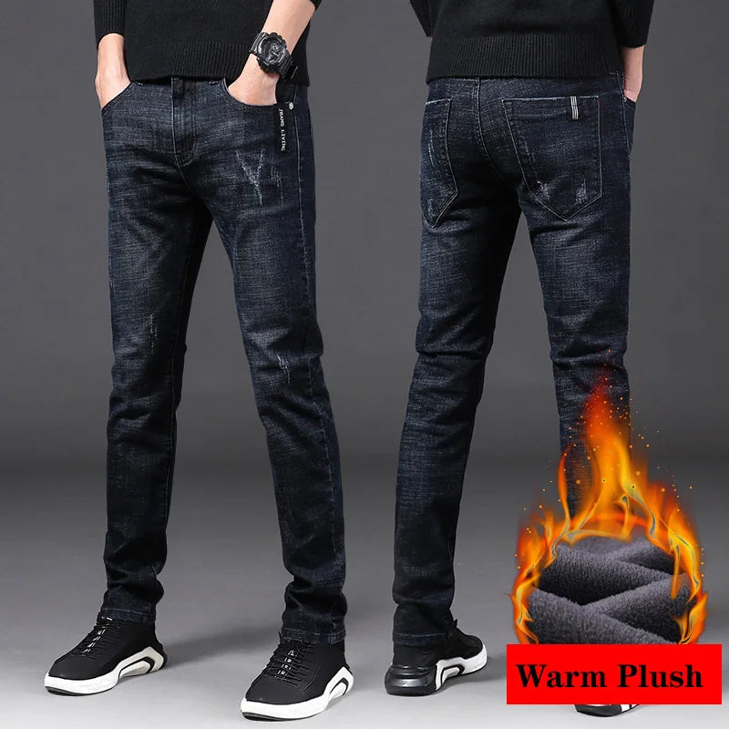 Winter Men Thermal Jeans Snow Warm Stretch Straight Jeans Man Fleece Denim Long Pants Narrow Leg Slim Fit Blue Black Trousers