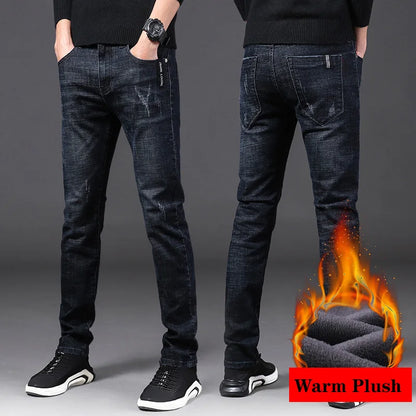 Winter Men Thermal Jeans Snow Warm Stretch Straight Jeans Man Fleece Denim Long Pants Narrow Leg Slim Fit Blue Black Trousers