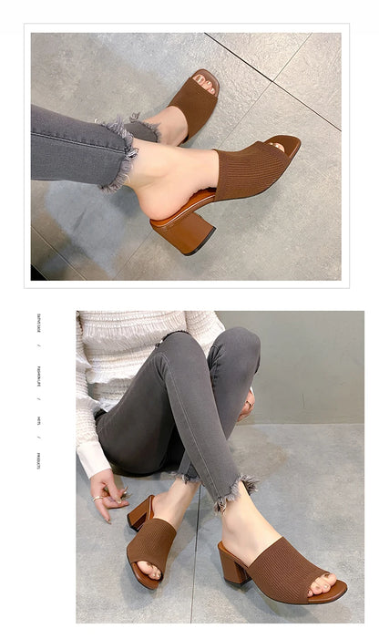 Women Sandals Slippers Luxury Summer Outdoor Casual Women Shoes Open Toe Soft High Heels Slides Black Mules Sandals Size 42