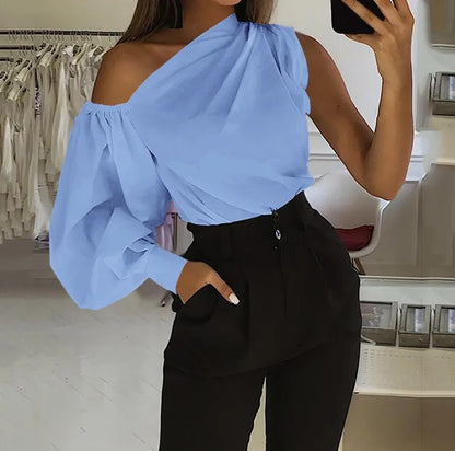 Elegant Blouses Women 2023 Summer Off Shoulder Blusas Female Fashion Lantern Long Sleeve Shirts One Shoulder Tops S-5XL