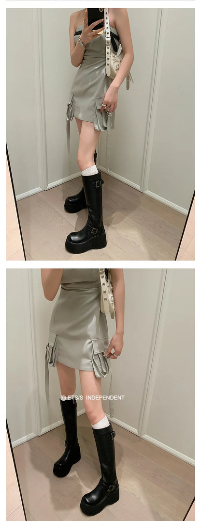 2024 Women's Shoes Basic Women's Boots Classics Knee-High Boots Women Belt Buckle Side Zip Round Toe Wedge Platform Shoes Ladies