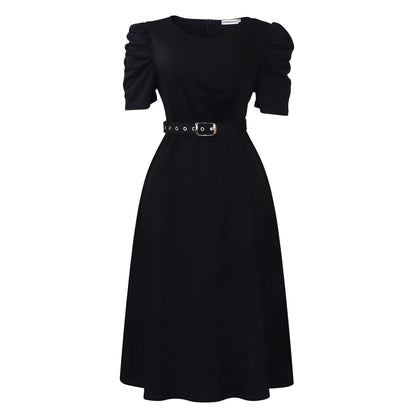 Elegant Party Dresses for Women V Neck Short Sleeve Belt Waisted Pleated Mid Calf Luxury Birthday Dinner Vestidos Mujer Dress OL