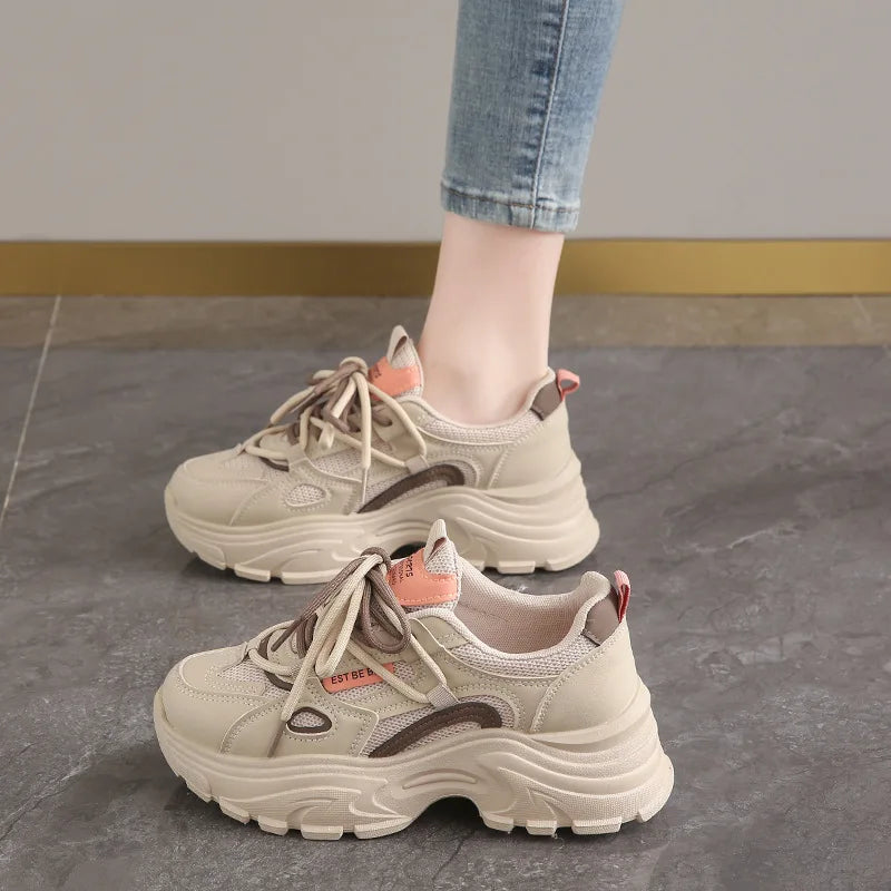 Fashion 2025 Spring Autumn Platform Sneakers Women Shoes Korean Lace Up Chunky Sneakers Mixed Color Women's Vulcanize Shoes