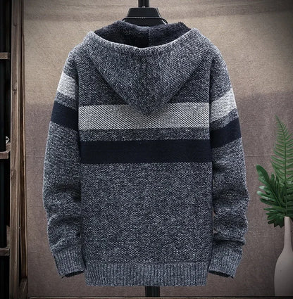Striped Mens Sweater Coat Thick Fleece Warm Zipper Wool Hooded Cardigan Jumpers Men Long Sleeve Knitted Sweaters Suit Jackets