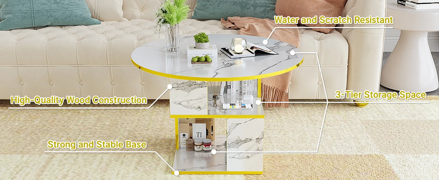 3-Tier Round Coffee Table with Storage, Modern Coffee Table for Living Room, Wooden Tabletop-Marble White with Gold Frame