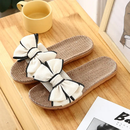 Women Summer Casual Slides Comfortable Flax Slippers Striped Bow Linen Flip Flops Platform Sandals Ladies Indoor Shoes  slippers