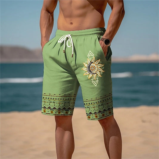 Retro Ethnic Style Graphic Beach Shorts For Men Summer Drawstring Pockets Casual 3D Printed Short Pants Fashion Loose Swim Trunk