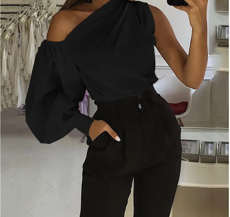 Elegant Blouses Women 2023 Summer Off Shoulder Blusas Female Fashion Lantern Long Sleeve Shirts One Shoulder Tops S-5XL