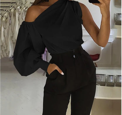 Elegant Blouses Women 2023 Summer Off Shoulder Blusas Female Fashion Lantern Long Sleeve Shirts One Shoulder Tops S-5XL