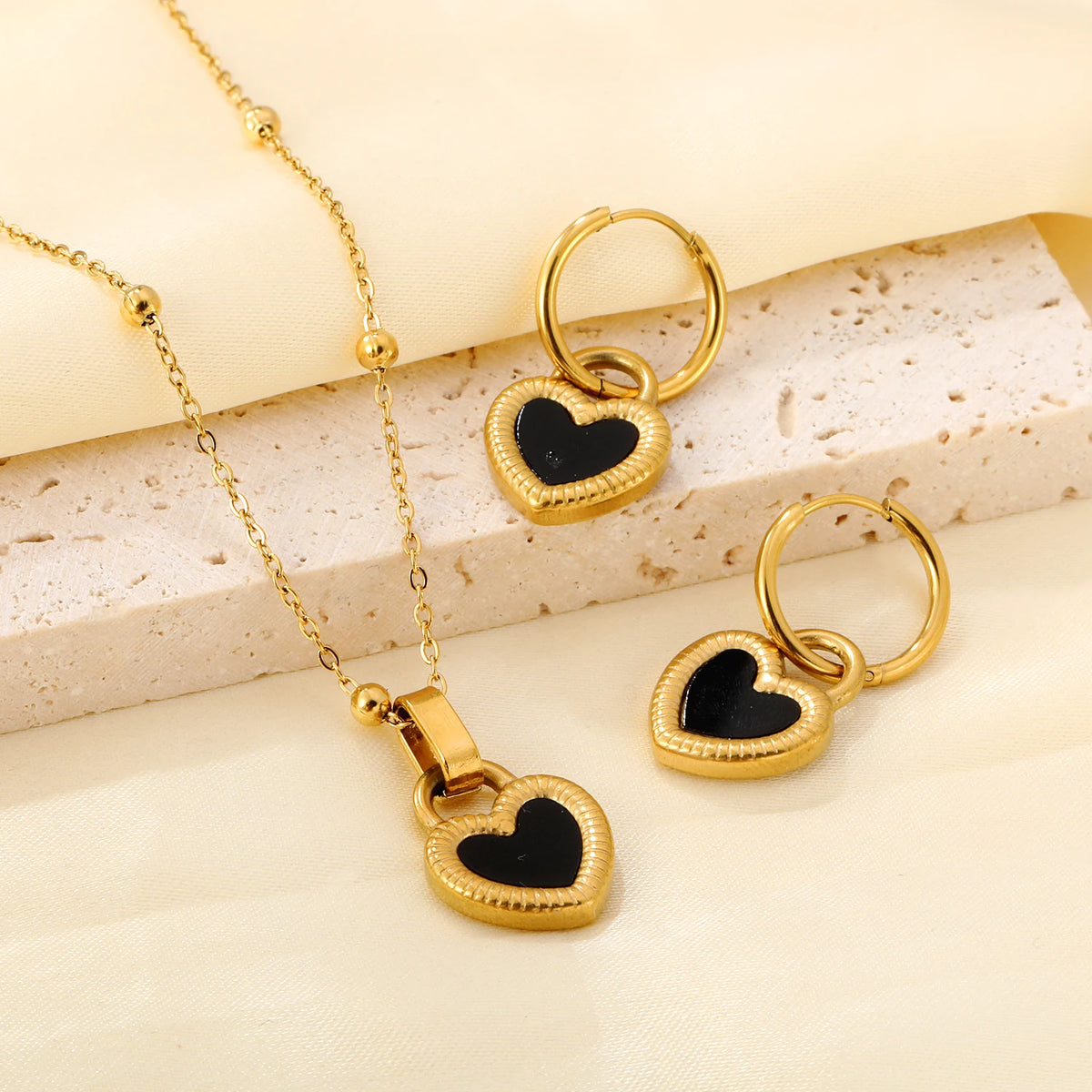 ASONSTEEL Black Shell Heart Necklace Earrings Jewelry Sets Stainless Steel Fashion Exquisite Waterproof Women Anniversary Gift