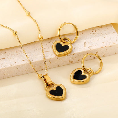 ASONSTEEL Black Shell Heart Necklace Earrings Jewelry Sets Stainless Steel Fashion Exquisite Waterproof Women Anniversary Gift