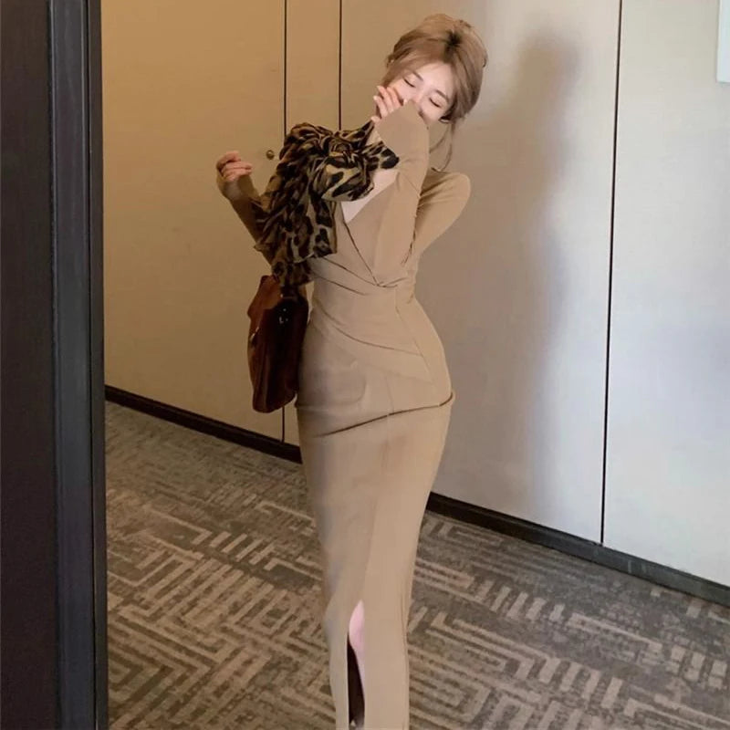 Spring Winter Lady Fashion Designer V-neck Slim Fit Long Sleeves Dress Girls Korean Version Solid Waist Cinching Wrap Hip Skirt