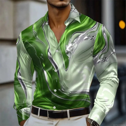 Men's shirt abstract liquid art 3D print shirt, spring and autumn lapel long-sleeved shirt, fashionable casual men's top