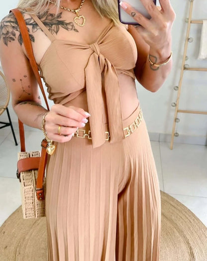 Fashion and Versatile Pleated Camisole Top and Loose Wide Leg Pants Set for Women's Summer Sexy Slim Fit Pants 2-Piece Set