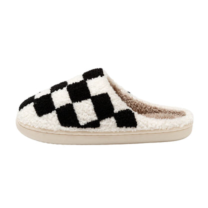 Slippers Classic Checkerboard Embroidered Pattern Women's Winter Indoor Soft Sole Warm Comfy Leisure Bedroom Fuzzy Home Shoes