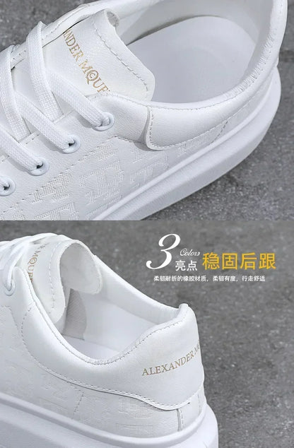 2026 Men's Casual Shoes Spring and Autumn Flat-soled Casual Leather Shoes Sports Shoes Black and White Men's Thick-soled Shoes