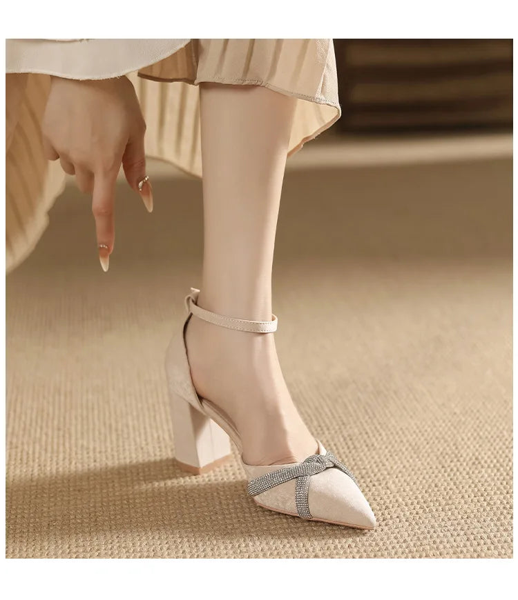 Size 30-44 Chunky Heel Hollow Point Toe High Heels Women Shoes Solid Color Ankle Strap Rhinestone Black Heels