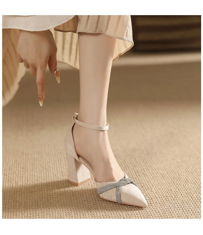 Size 30-44 Chunky Heel Hollow Point Toe High Heels Women Shoes Solid Color Ankle Strap Rhinestone Black Heels